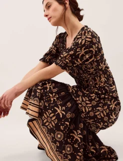 Pure Cotton Floral V-Neck Midi Waisted Dress