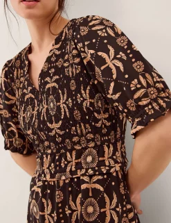 Pure Cotton Floral V-Neck Midi Waisted Dress