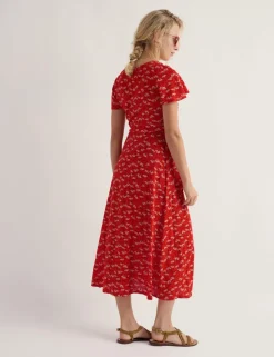 Pure Cotton Floral V-Neck Midi Waisted Dress