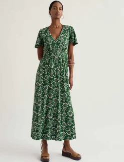 Pure Cotton Floral V-Neck Midi Waisted Dress