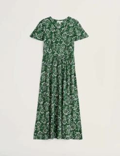 Pure Cotton Floral V-Neck Midi Waisted Dress