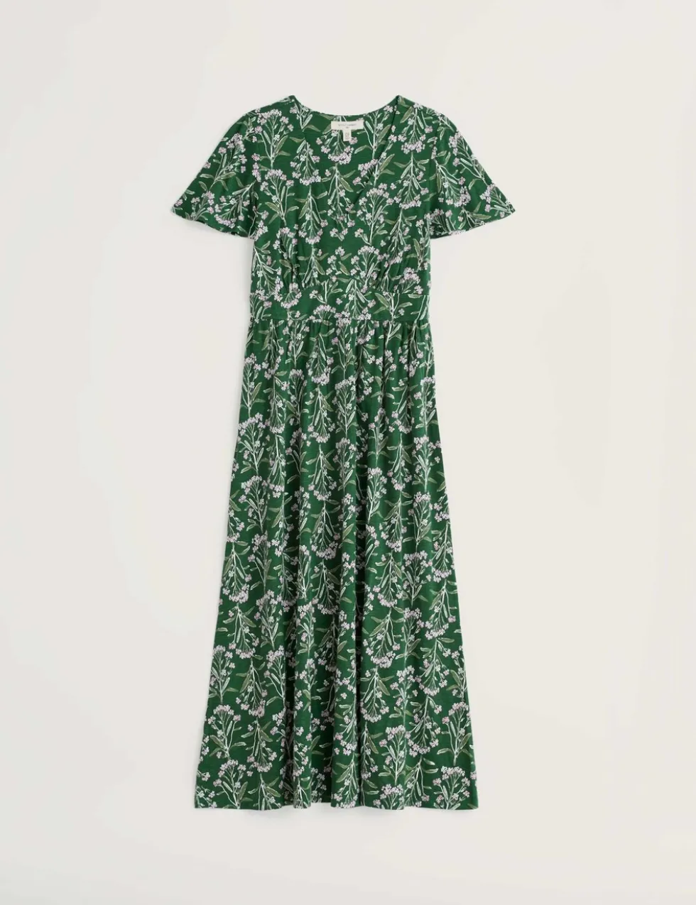 Pure Cotton Floral V-Neck Midi Waisted Dress