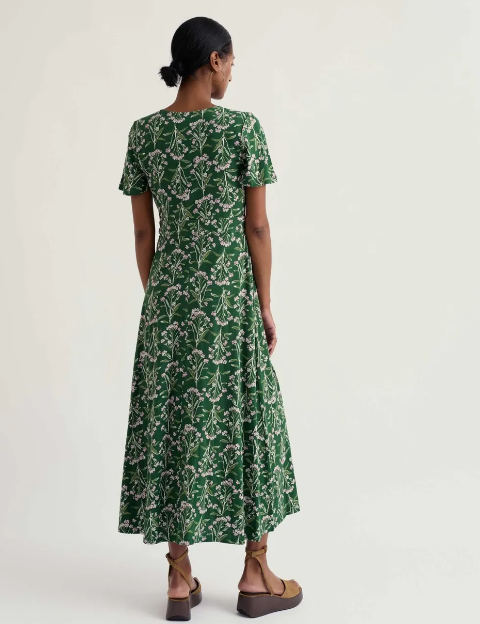 Pure Cotton Floral V-Neck Midi Waisted Dress