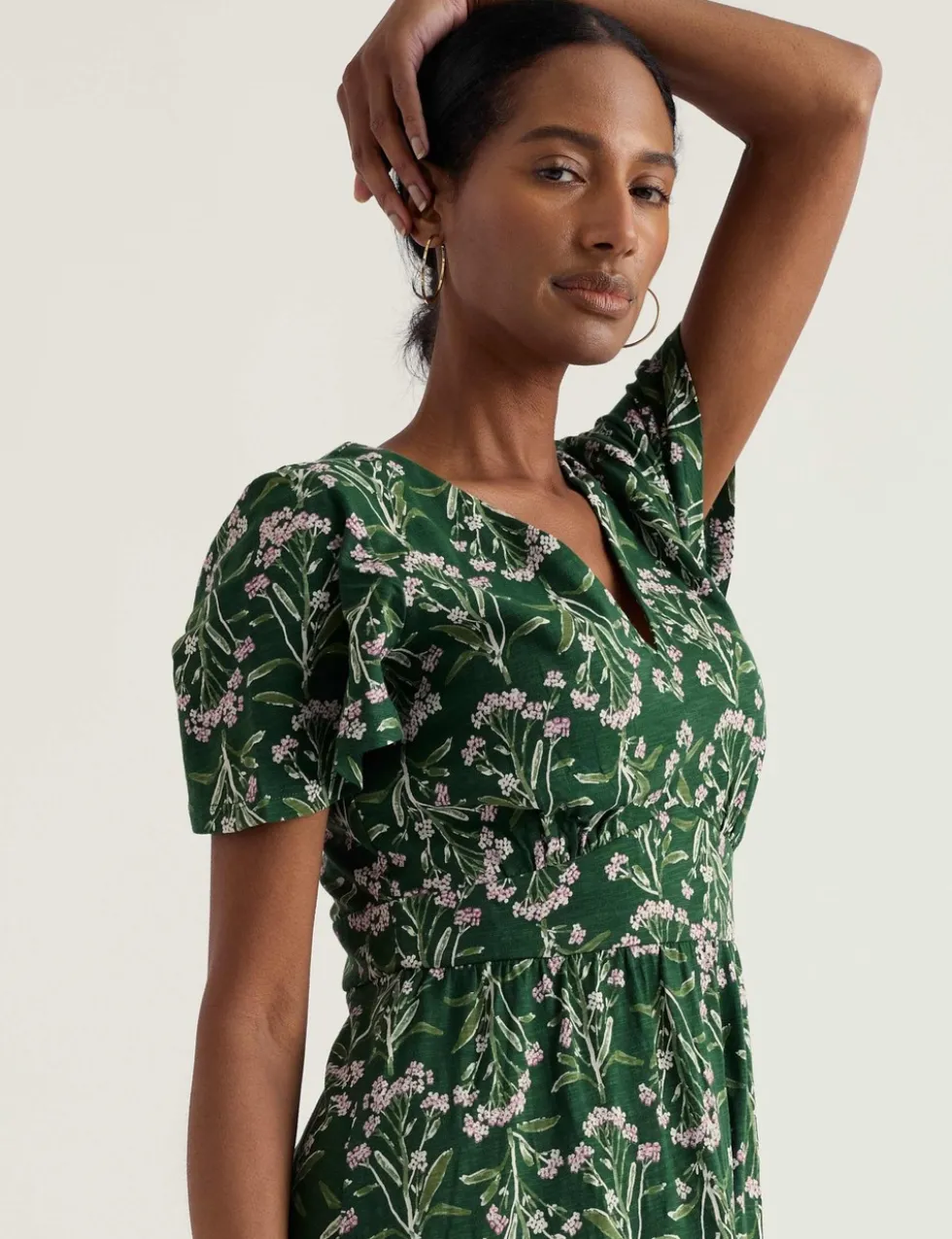 Pure Cotton Floral V-Neck Midi Waisted Dress