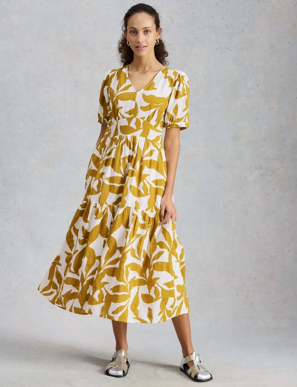 Pure Cotton Floral V-Neck Midi Tiered Dress