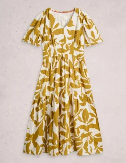 Pure Cotton Floral V-Neck Midi Tiered Dress