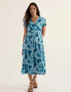 Pure Cotton Floral V-Neck Midi Waisted Dress
