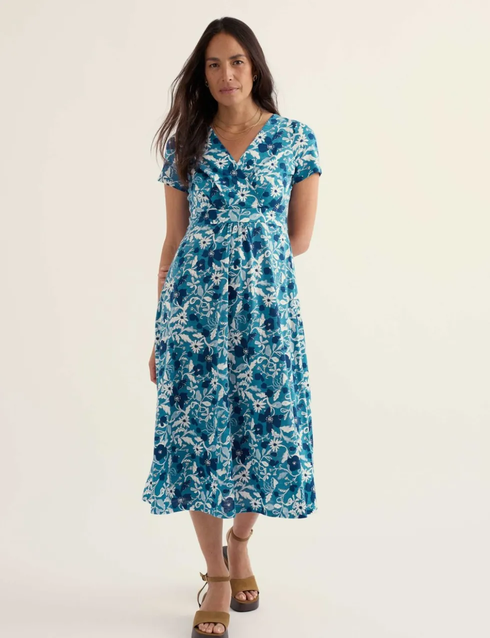 Pure Cotton Floral V-Neck Midi Waisted Dress