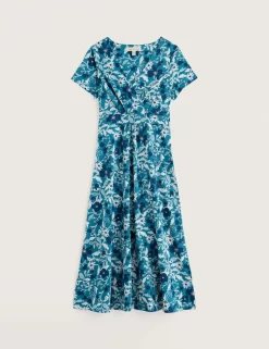 Pure Cotton Floral V-Neck Midi Waisted Dress