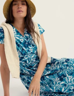 Pure Cotton Floral V-Neck Midi Waisted Dress