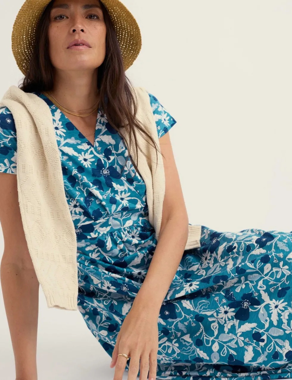 Pure Cotton Floral V-Neck Midi Waisted Dress