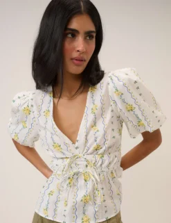 Pure Cotton Floral V-Neck Blouse