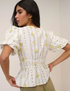 Pure Cotton Floral V-Neck Blouse