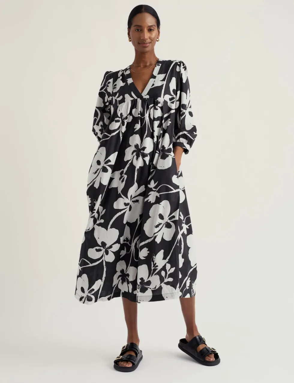Pure Cotton Floral V-Neck Midi Smock Dress