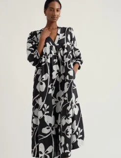 Pure Cotton Floral V-Neck Midi Smock Dress
