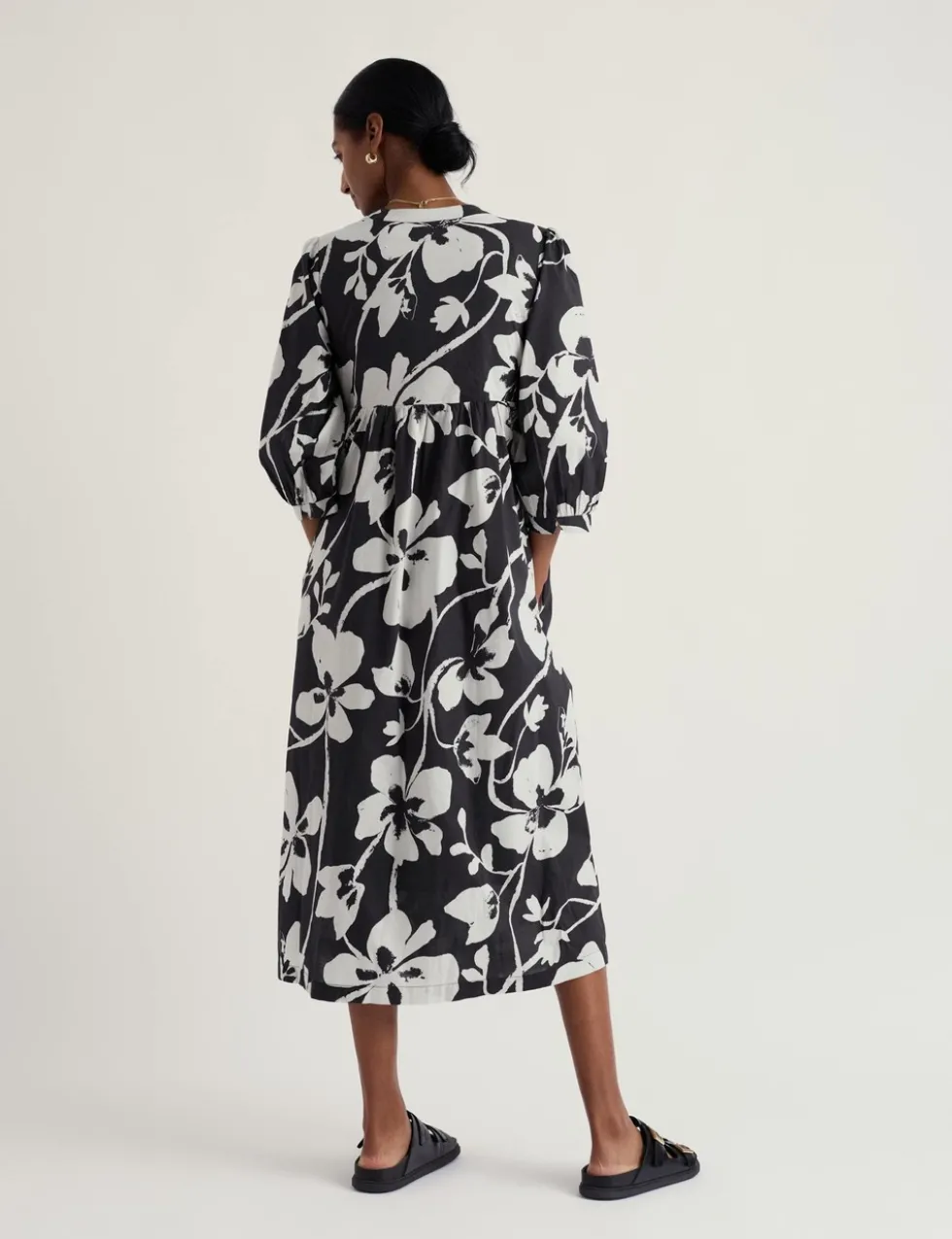 Pure Cotton Floral V-Neck Midi Smock Dress