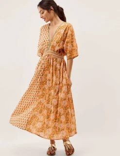 Pure Cotton Floral V-Neck Maxi Waisted Dress