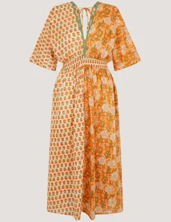 Pure Cotton Floral V-Neck Maxi Waisted Dress