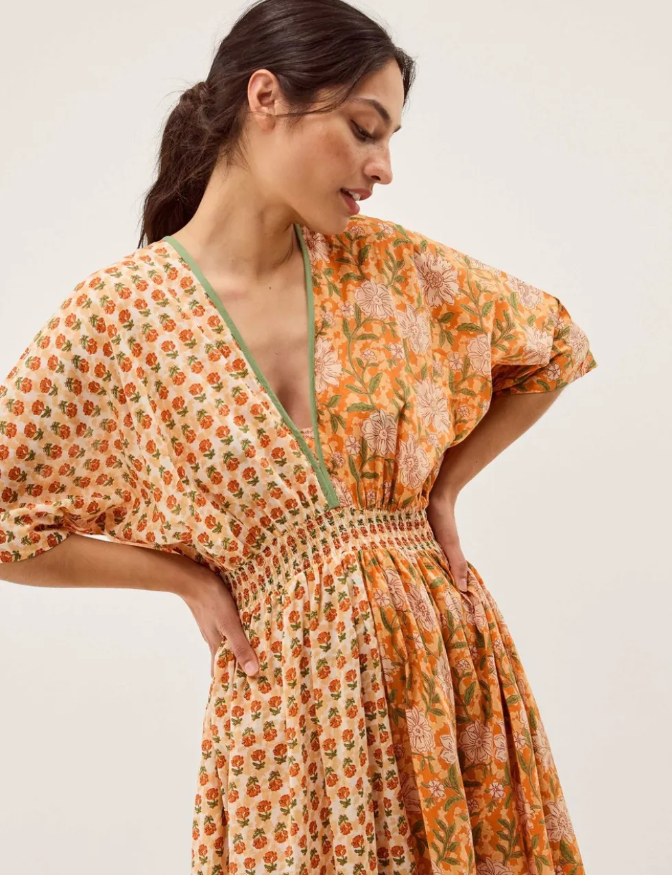 Pure Cotton Floral V-Neck Maxi Waisted Dress