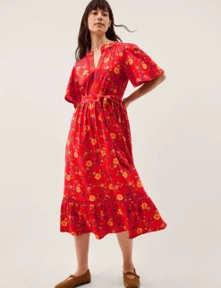 Pure Cotton Floral V-Neck Midi Waisted Dress
