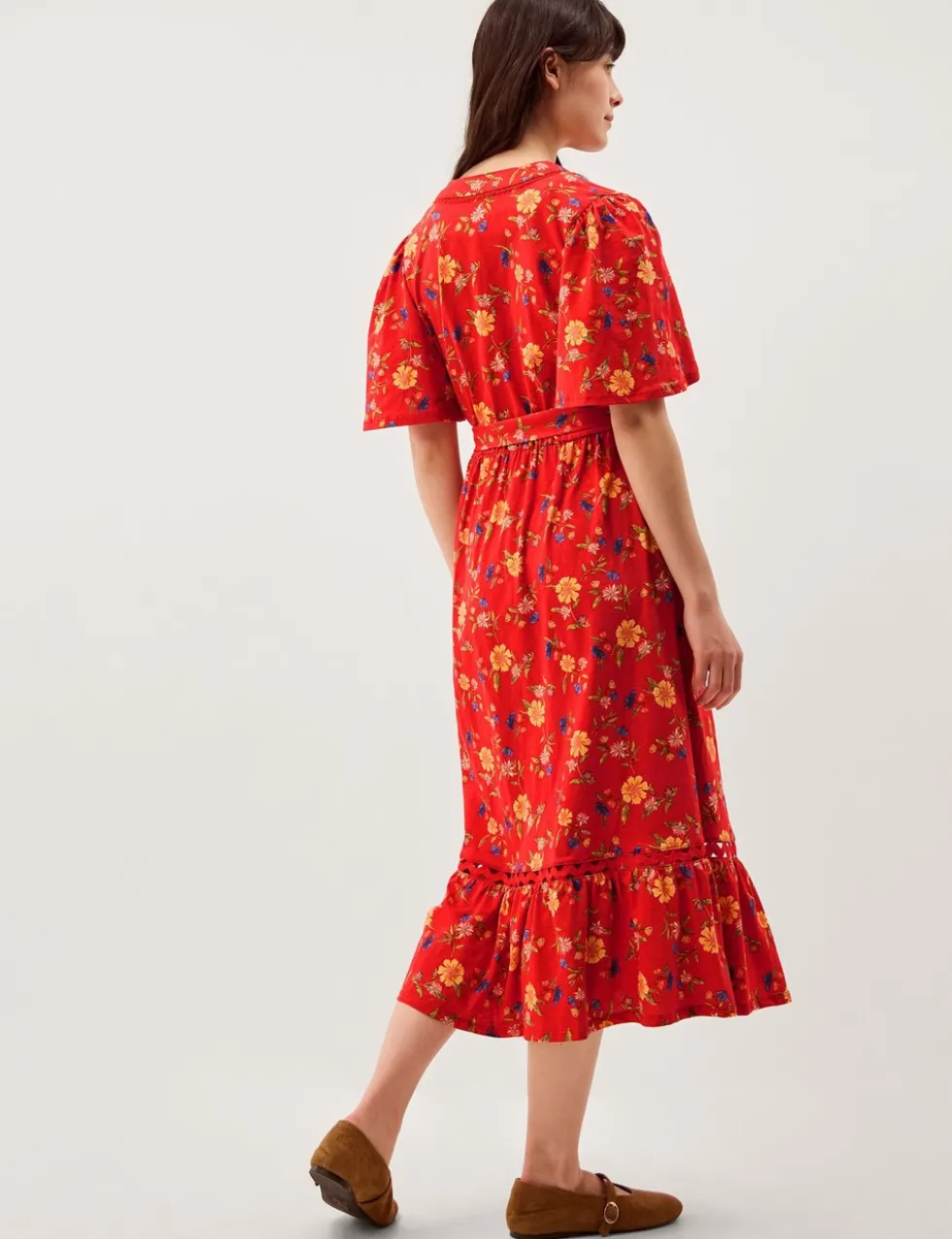Pure Cotton Floral V-Neck Midi Waisted Dress