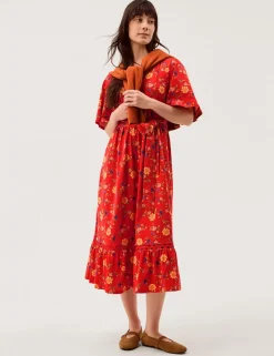 Pure Cotton Floral V-Neck Midi Waisted Dress