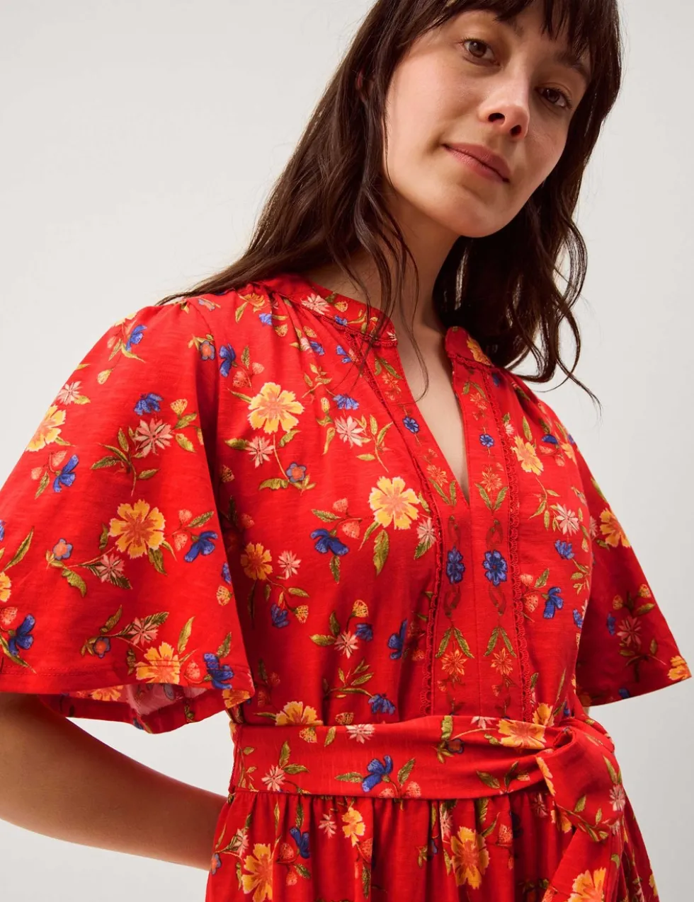 Pure Cotton Floral V-Neck Midi Waisted Dress