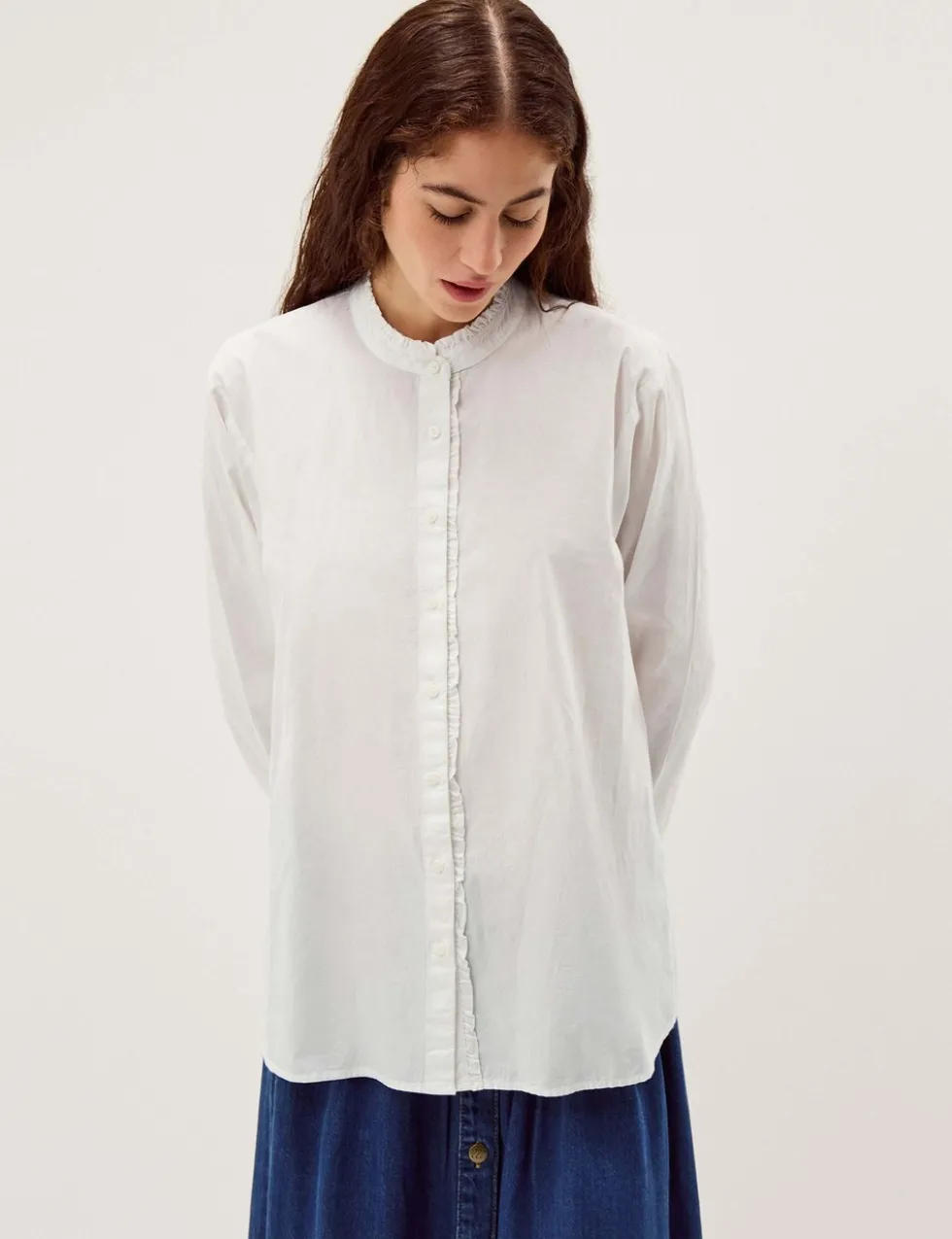 Pure Cotton Frill Neck Button Through Shirt