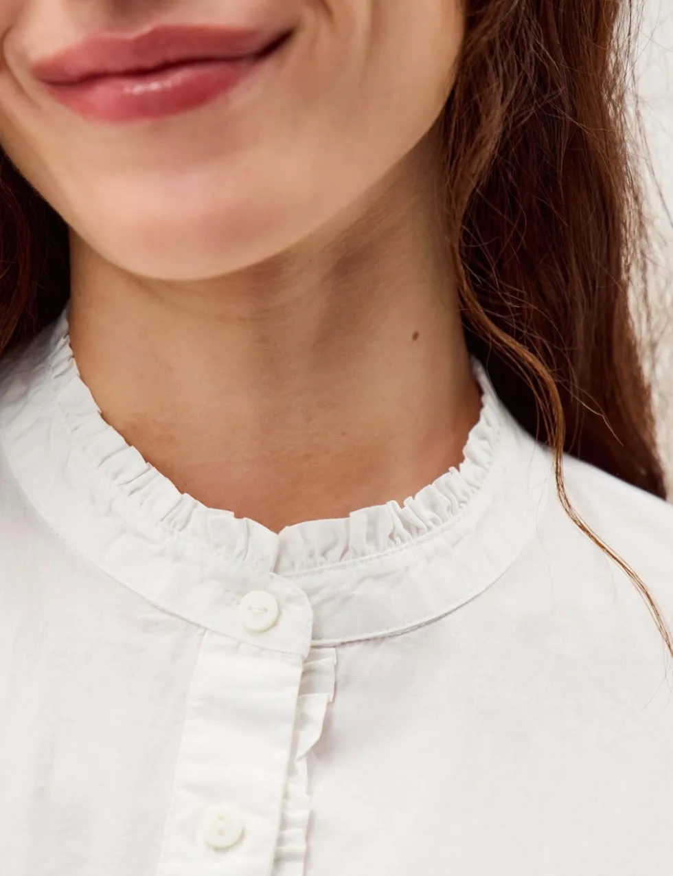 Pure Cotton Frill Neck Button Through Shirt