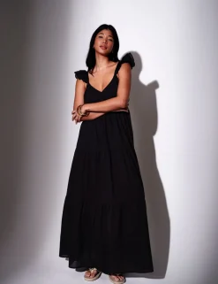 Pure Cotton Frill Sleeve Maxi Tiered Beach Dress