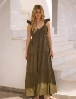 Pure Cotton Frill Sleeve Maxi Tiered Beach Dress