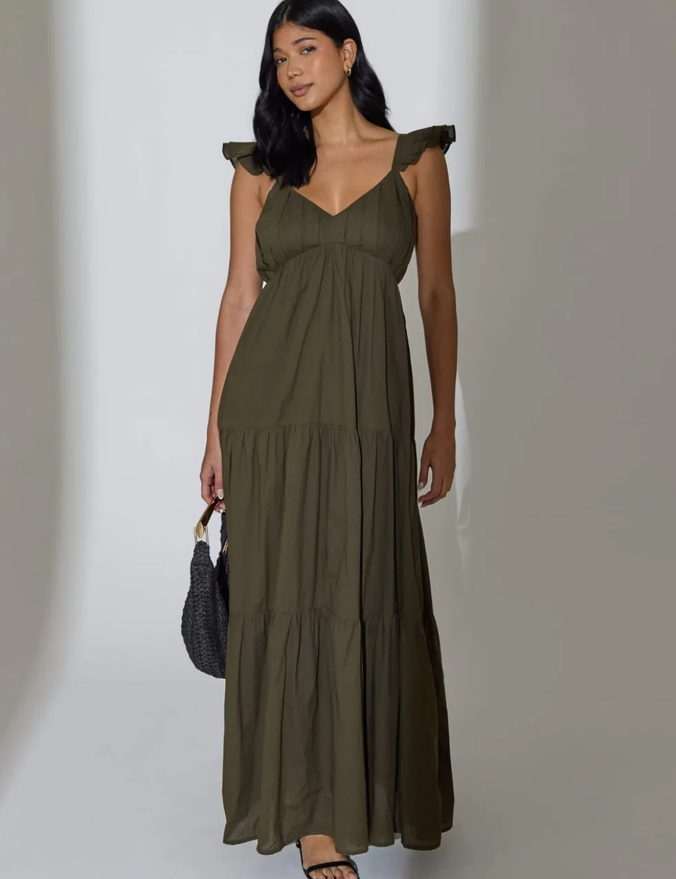 Pure Cotton Frill Sleeve Maxi Tiered Beach Dress