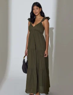 Pure Cotton Frill Sleeve Maxi Tiered Beach Dress