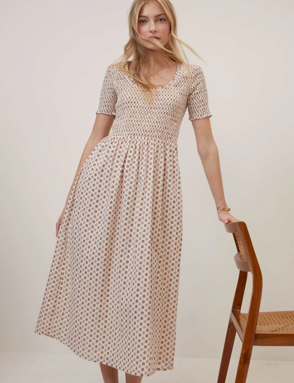 Pure Cotton Geometric Midi Waisted Dress