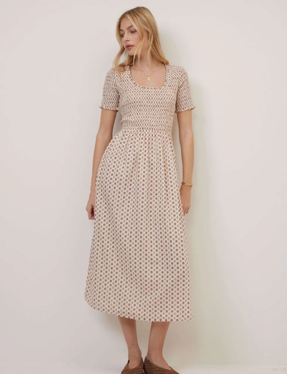 Pure Cotton Geometric Midi Waisted Dress
