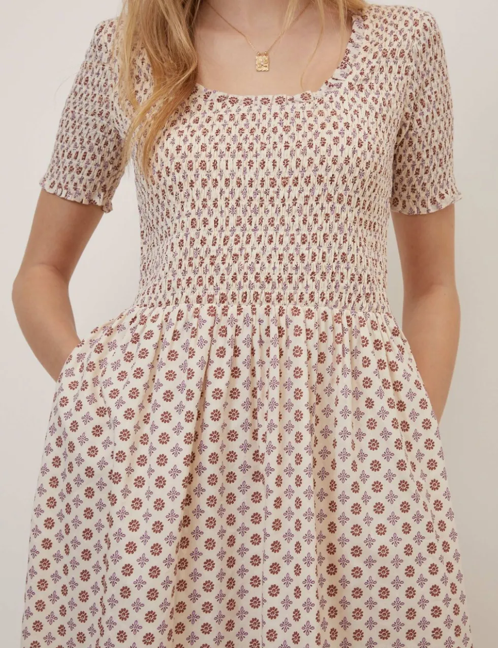 Pure Cotton Geometric Midi Waisted Dress