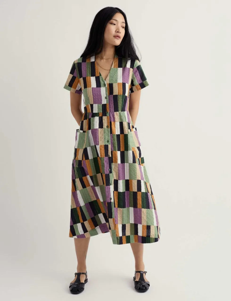 Pure Cotton Geometric V-Neck Midi Shirt Dress