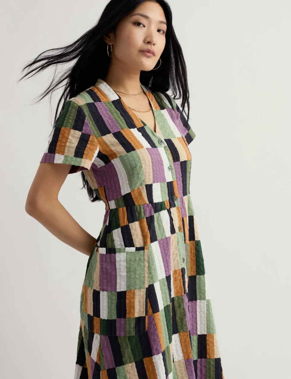 Pure Cotton Geometric V-Neck Midi Shirt Dress