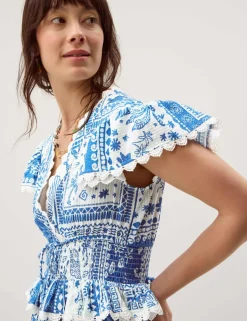 Pure Cotton Geometric V-Neck Midi Dress