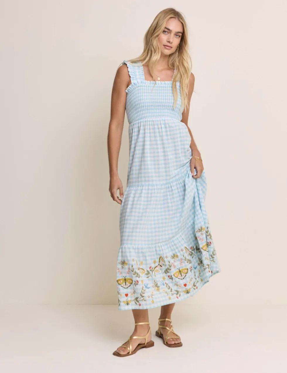 Pure Cotton Gingham Midaxi Tiered Dress