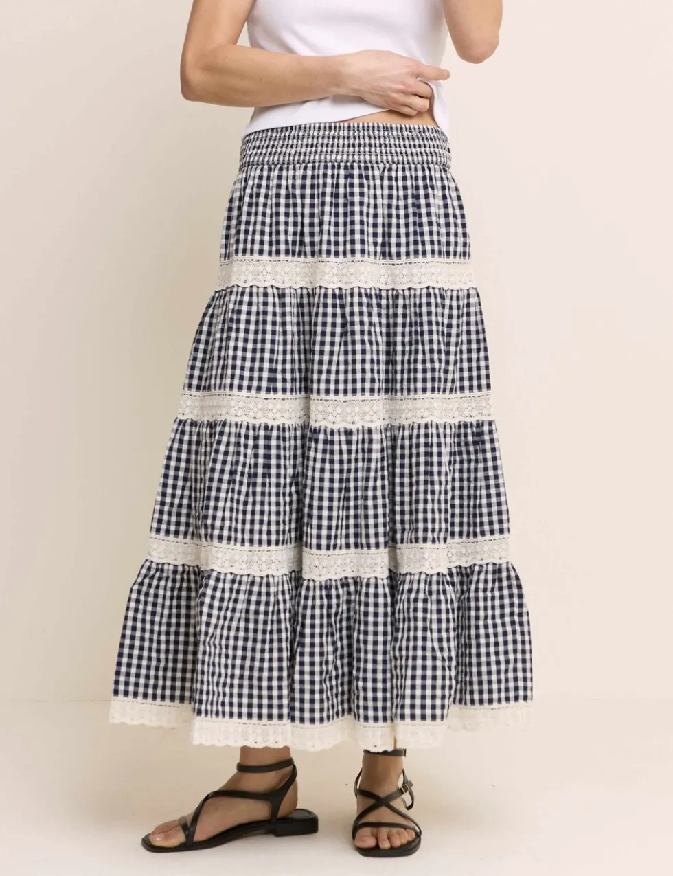 Pure Cotton Gingham Midi Tiered Skirt