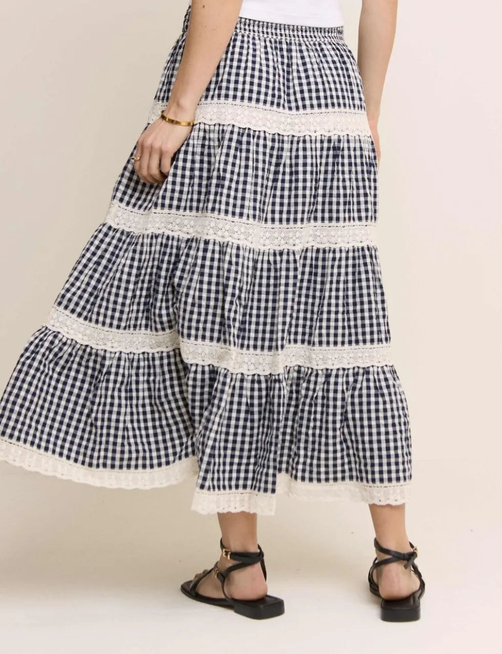Pure Cotton Gingham Midi Tiered Skirt