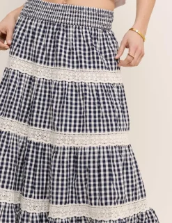 Pure Cotton Gingham Midi Tiered Skirt