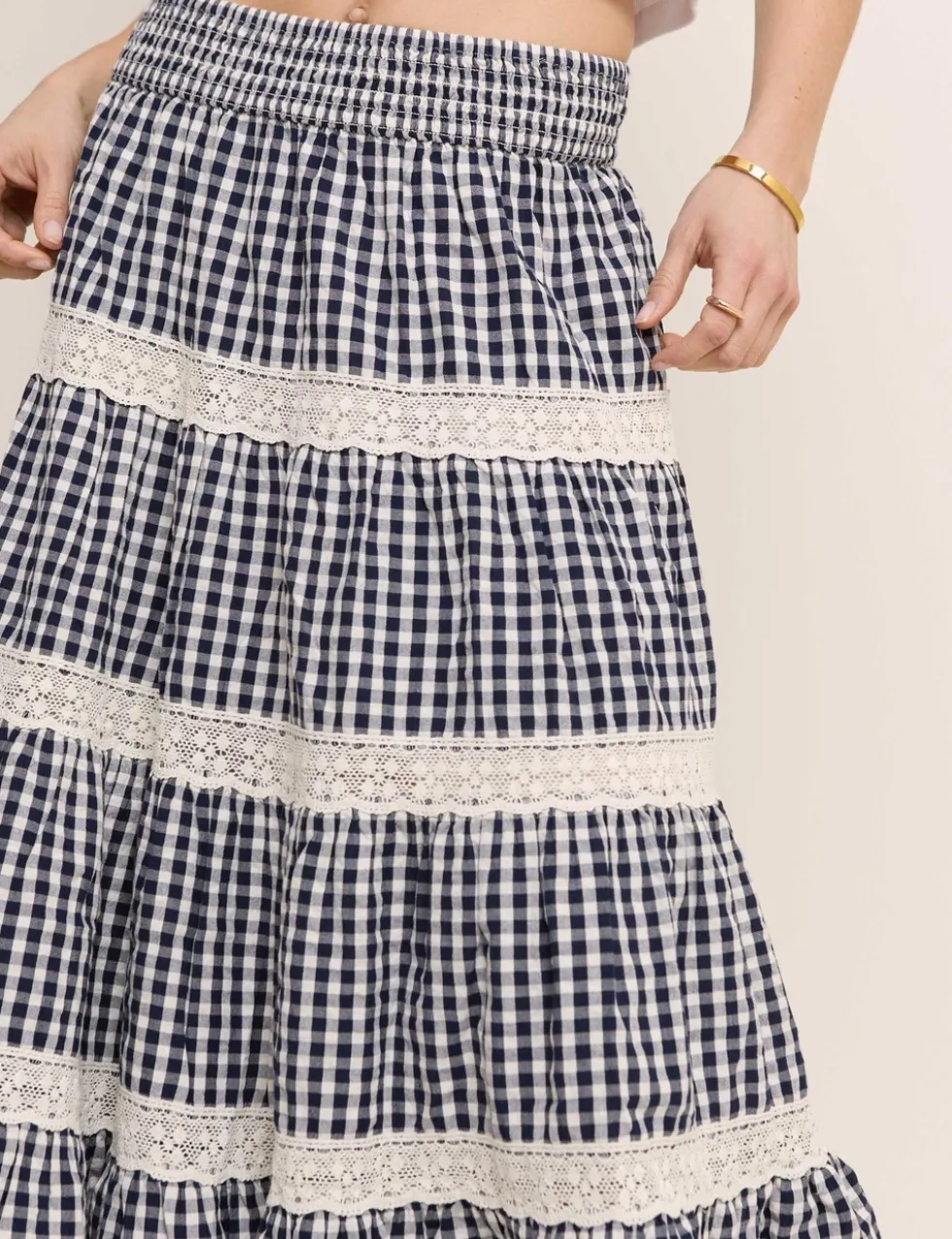 Pure Cotton Gingham Midi Tiered Skirt