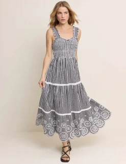 Pure Cotton Gingham Midi Tiered Dress