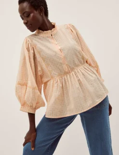Pure Cotton Gingham Ruffle High Neck Shirt