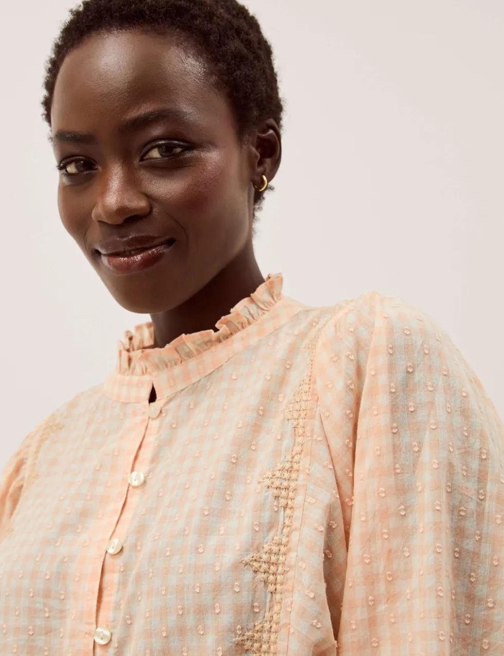 Pure Cotton Gingham Ruffle High Neck Shirt
