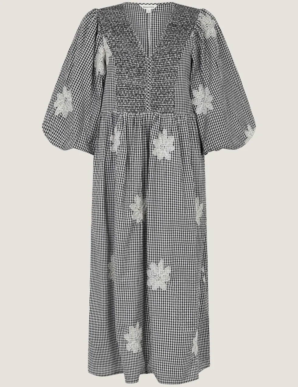 Pure Cotton Gingham V-Neck Midi Smock Dress