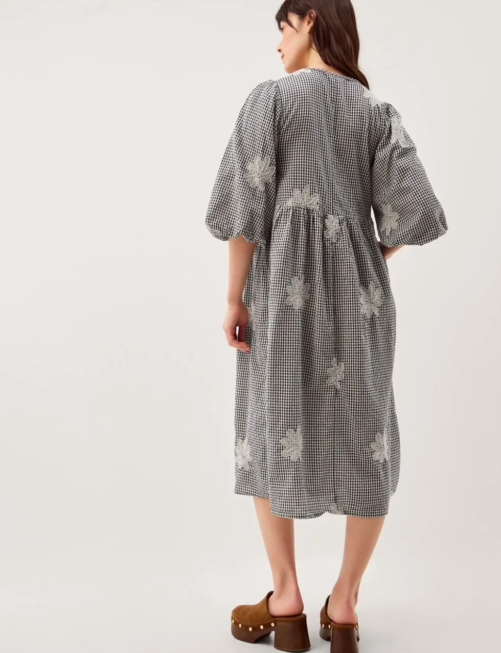 Pure Cotton Gingham V-Neck Midi Smock Dress