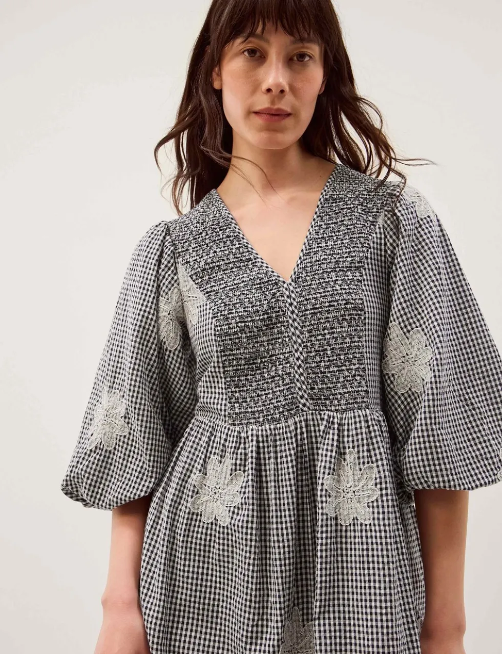 Pure Cotton Gingham V-Neck Midi Smock Dress